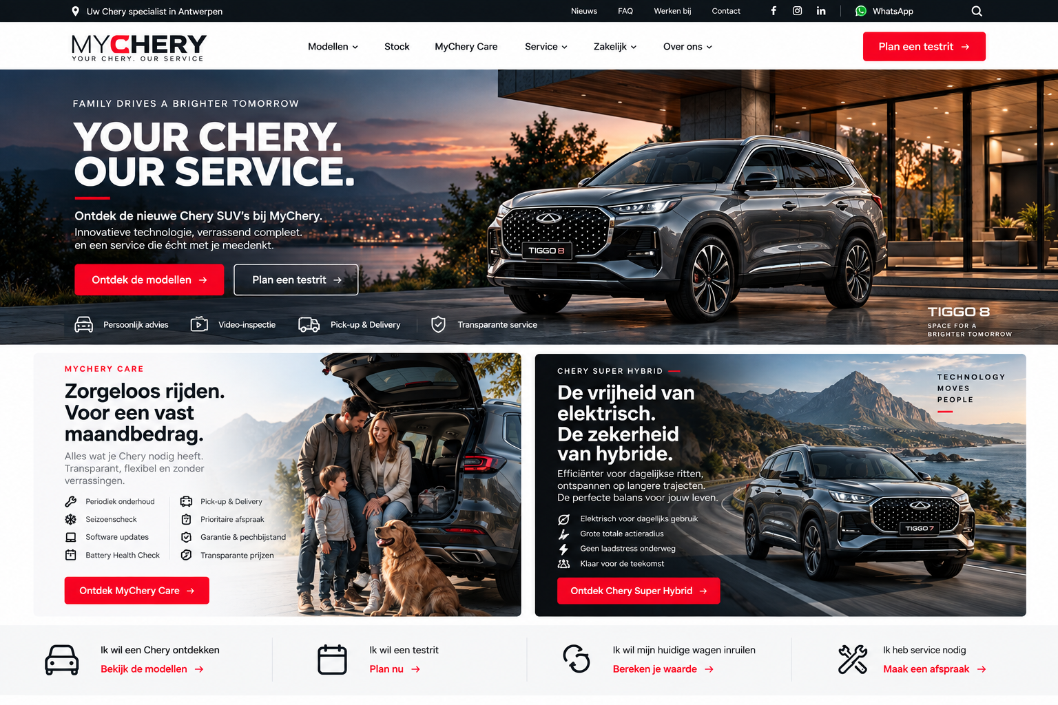 MyChery homepage met Chery TIGGO 8, MyChery Care en Chery Super Hybrid